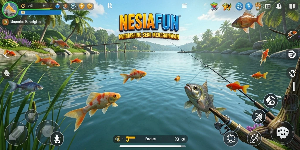 Screenshot gameplay NESIAFUN dengan aksi memancing yang menarik dan grafik memukau.