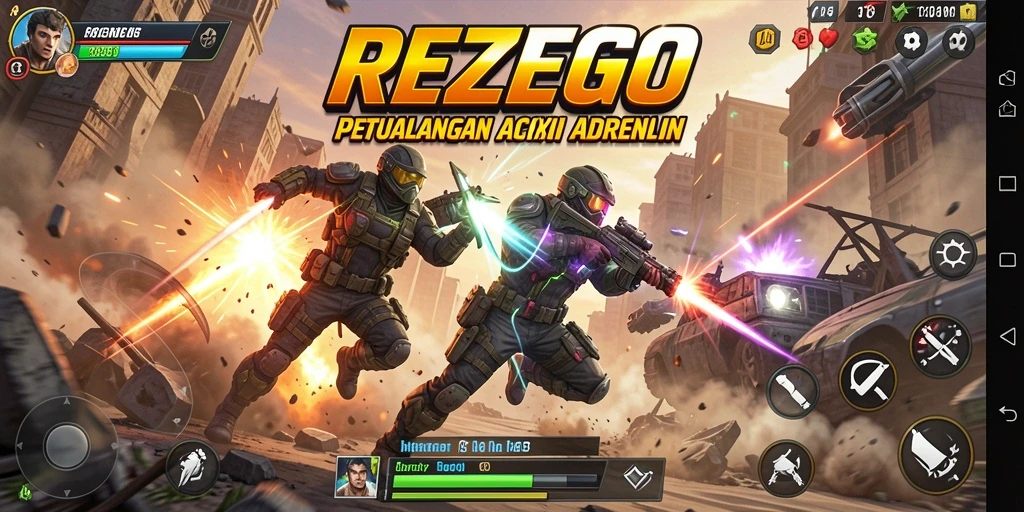 Tampilan dinamis permainan REZEGO yang penuh aksi.