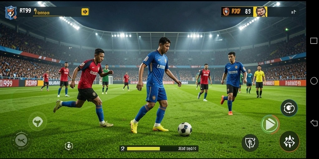 Screenshot utama RT99 menampilkan momen seru dari pertandingan sepak bola.